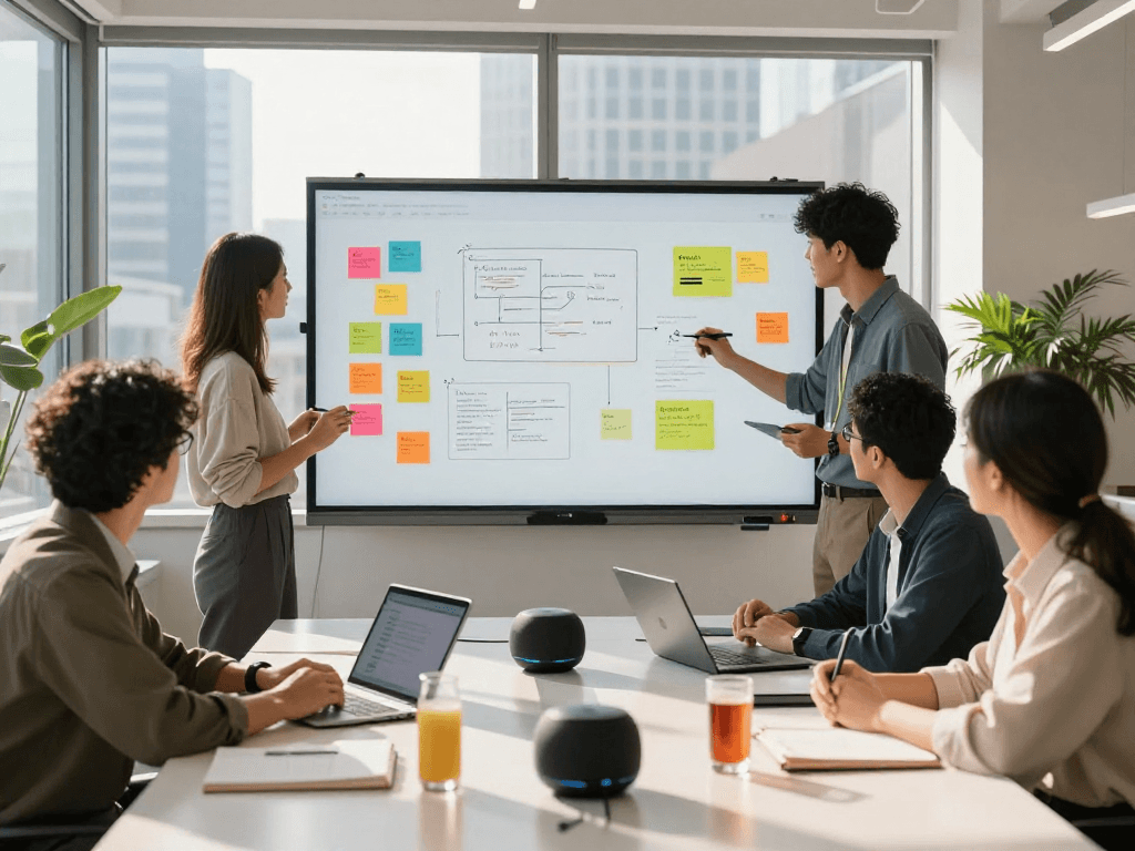 Bright office workspace showcasing spicy AI innovation with tech professional brainstorming ideas on a digital whiteboard.