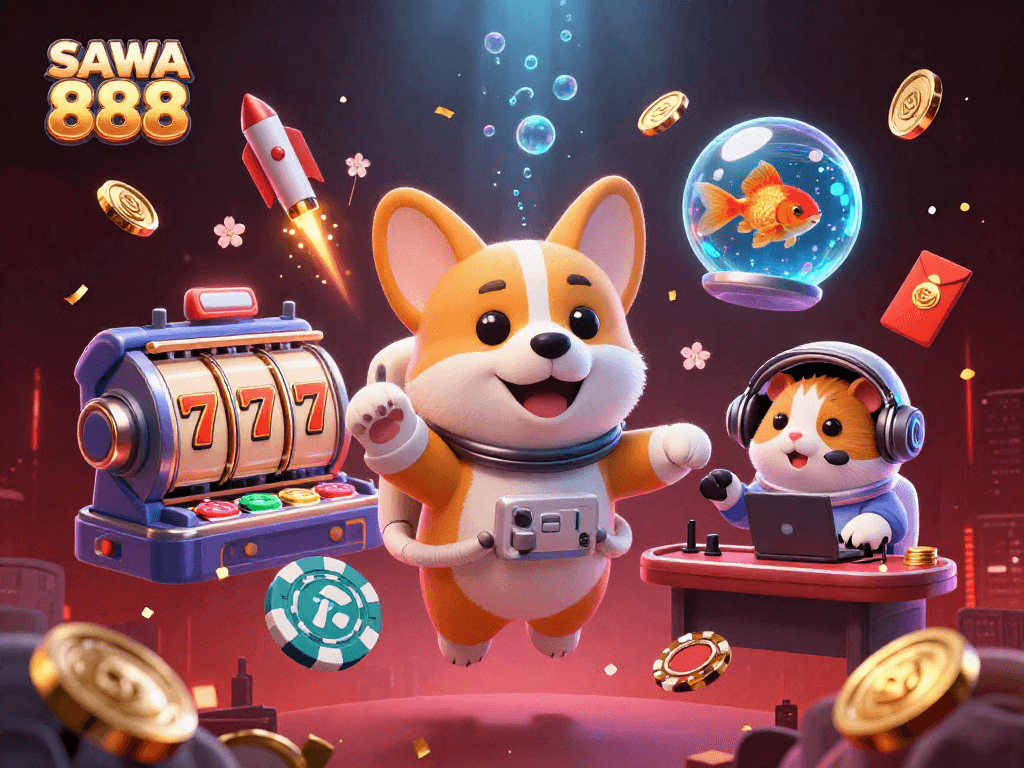 Experience SAWA 888's vibrant casino with a floating astronaut corgi in an exciting space-themed scene.