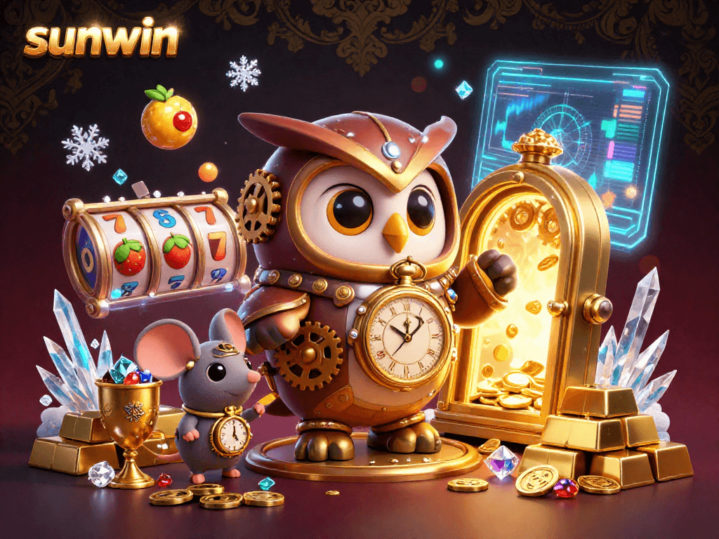 Spin big wins at sunwin with a whimsical steampunk casino scene filled with treasures.
