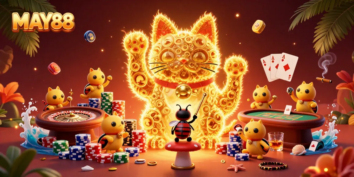 MAY88 showcases a vibrant casino scene featuring golden fireflies in a lucky cat shape, surrounded by live casino game elements.