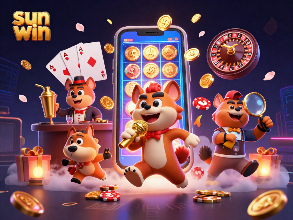 Experience entertainment at sun win with hyenas in a vibrant casino scene surrounded by games and excitement.
