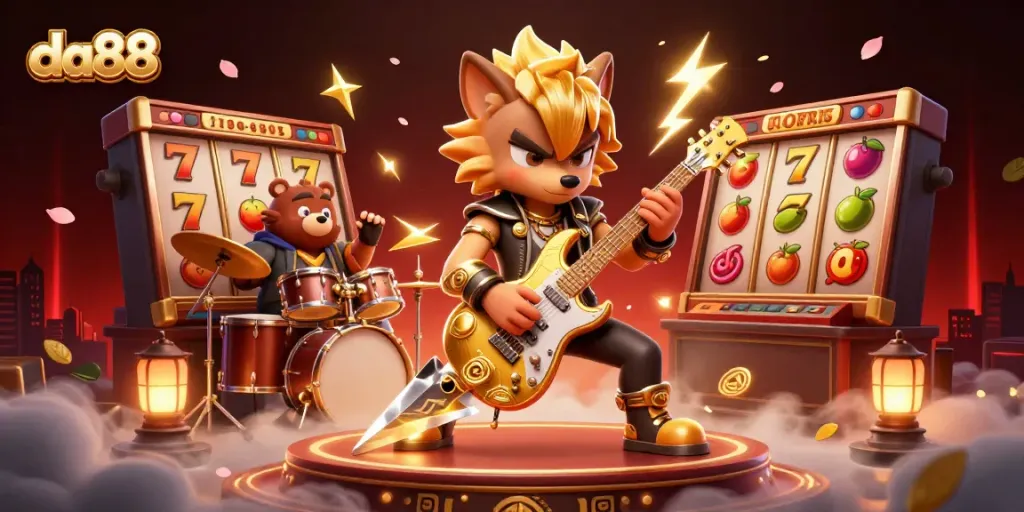 Experience da88's thrilling casino atmosphere with a rock star wolf and vibrant slot elements.