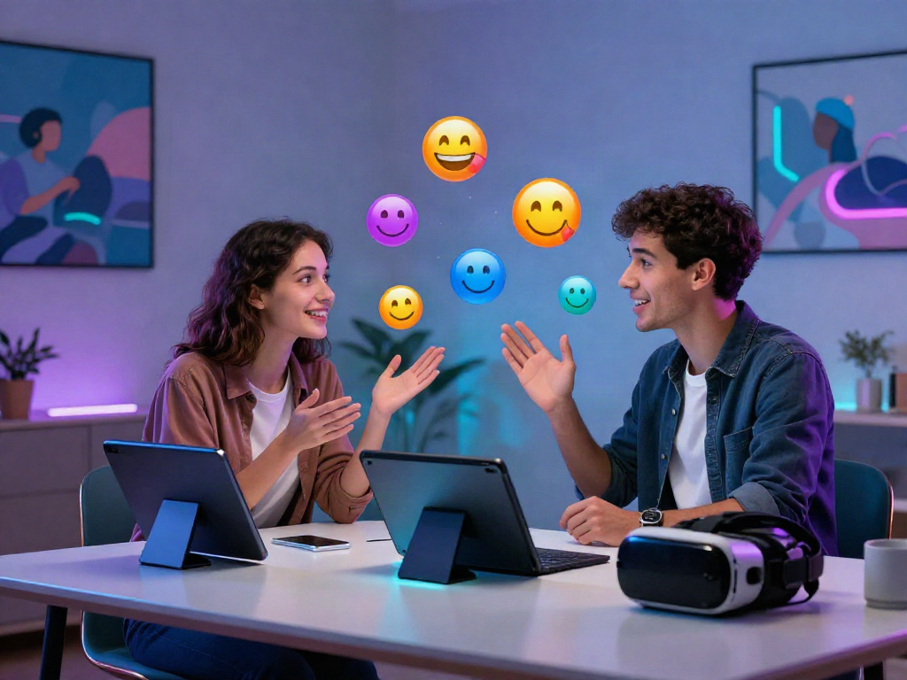 Interactive ai porn chat scenario showcasing avatars in a vibrant digital room with emoticons.