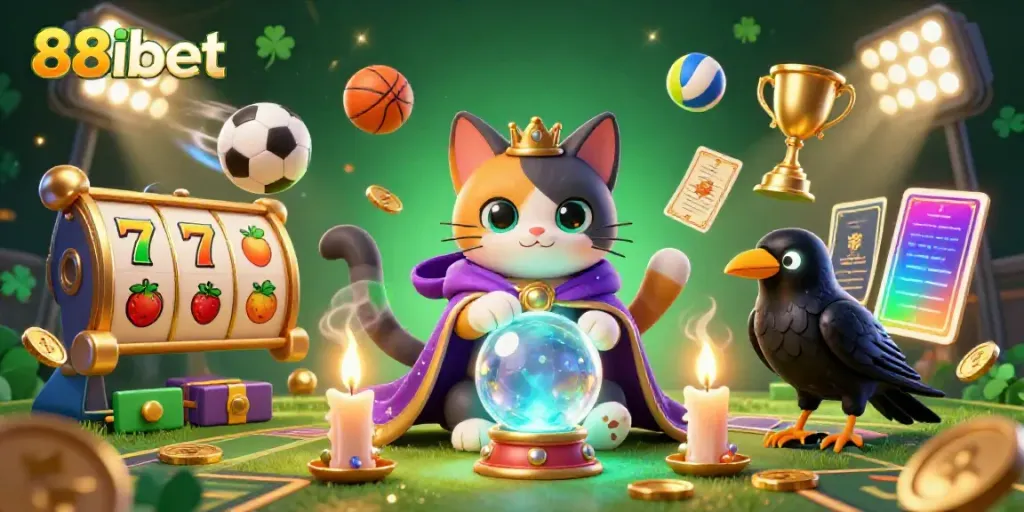 Experience the thrilling adventure of 88ibet with a mystical cat and raven in a vibrant casino illustration.