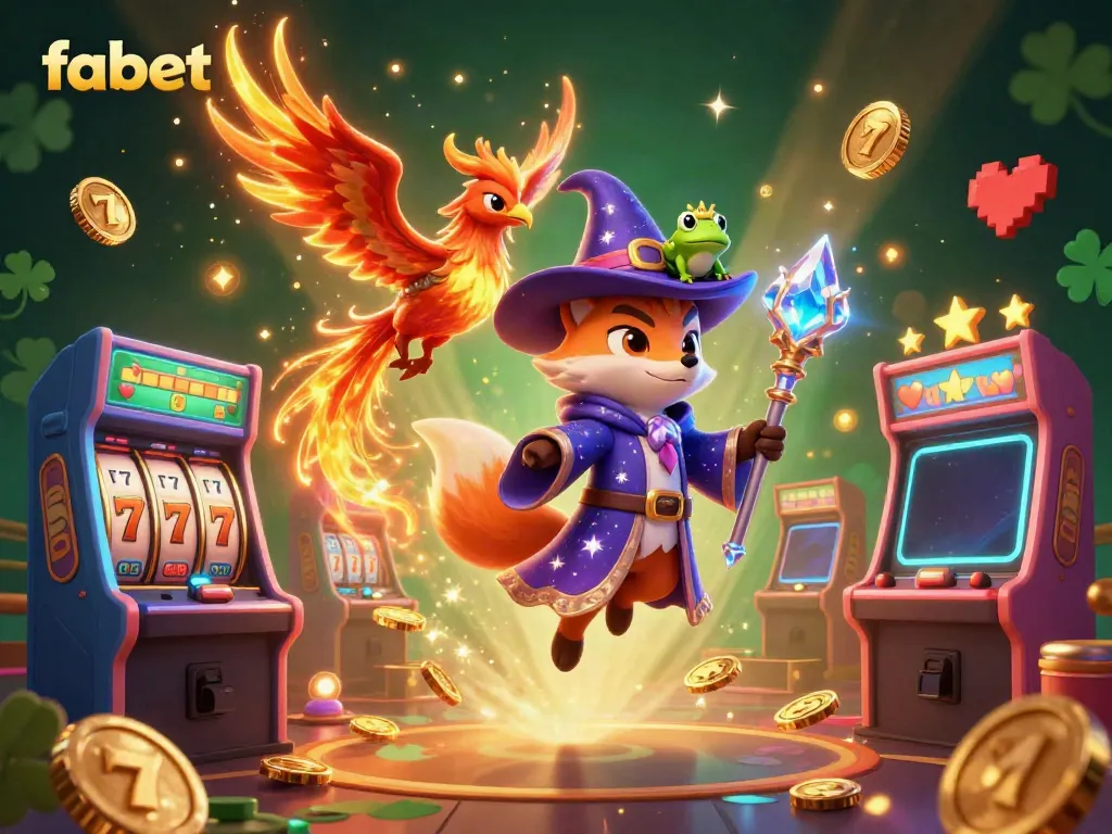 Experience the excitement of fabet with a magical casino-themed scene featuring a wizard fox and phoenix.