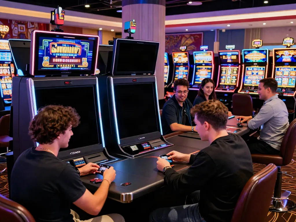 Engaging scene of players using credit cards at bustling credit card casinos UK with vibrant atmosphere.