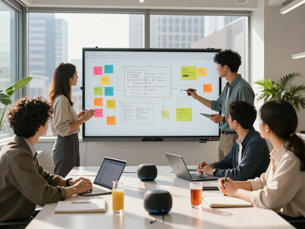 Bright office workspace showcasing spicy AI innovation with tech professional brainstorming ideas on a digital whiteboard.