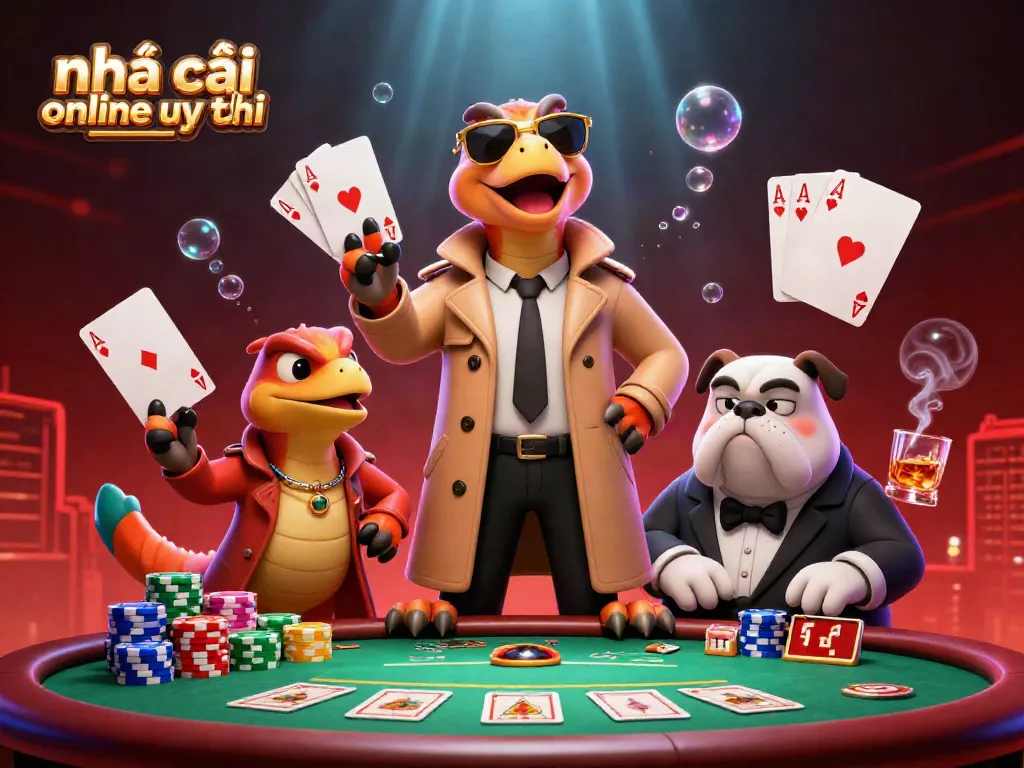 Experience the thrill of place betting with nhà cái online uy tín in this vibrant casino scene featuring raptors and a bulldog bouncer.