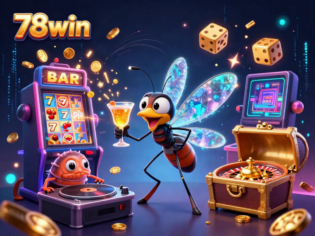 Experience 78win's vibrant casino scene with a lively mosquito mascot, jackpot explosions, and energetic games.