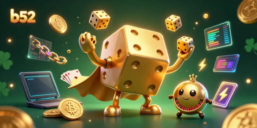 b52 casino game illustration featuring a golden dice golem juggling dice among vibrant gaming elements