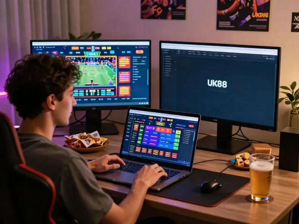Player engaging with Uk88 online betting platform in a vibrant home office.