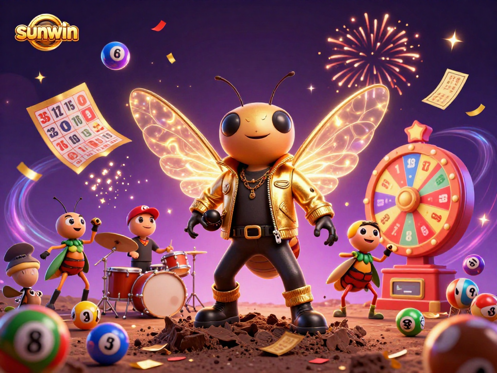 Experience sunwin with a vibrant scene featuring a cicada rock star, drums, and dynamic lottery elements.