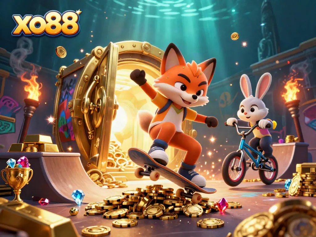 Experience the vibrant excitement of xo88 with a skateboarder fox and BMX rabbit in a golden casino scene.