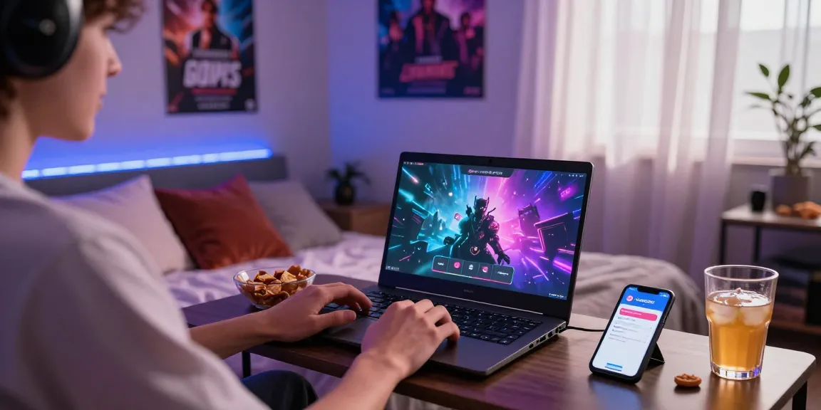 Engaging scene of a person playing real porn games on a gaming laptop in a modern bedroom setting.