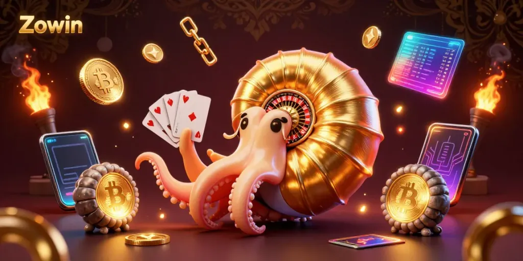 Experience Zowin’s thrilling atmosphere with a casino-themed nautilus and glowing crypto coins.