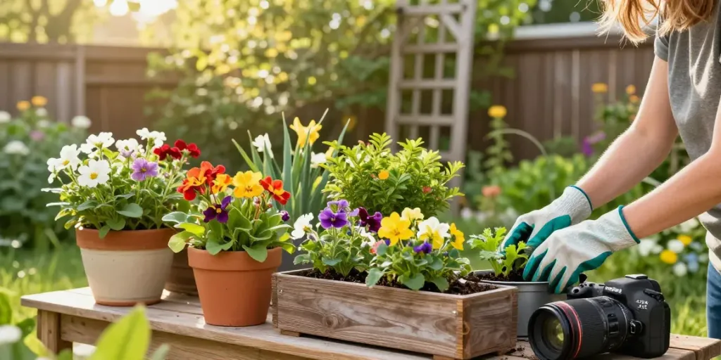 Vibrant garden planters filled with flowers in a sunny garden setting.