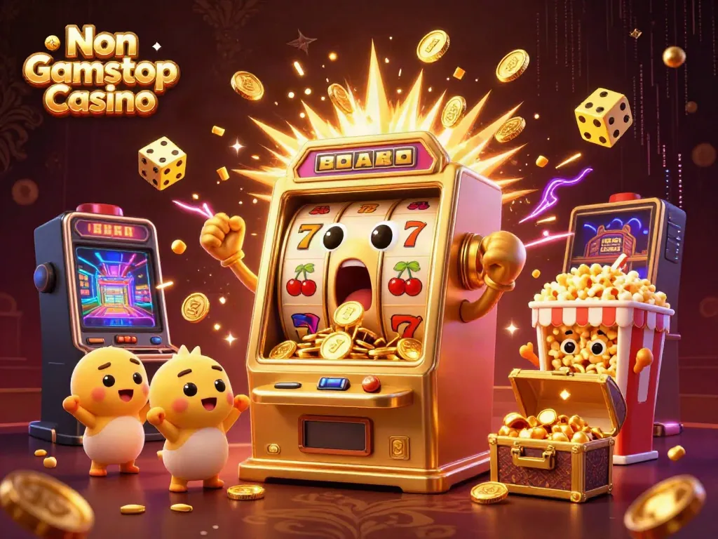 Experience the excitement of a Non Gamstop Casino as the slot machine wins a jackpot, spilling coins.