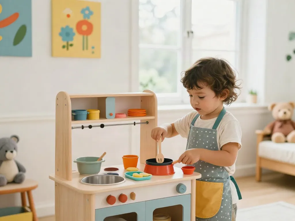 Toddlers enjoying imaginative play with a colourful toy kitchen set, enhancing creativity and fun.