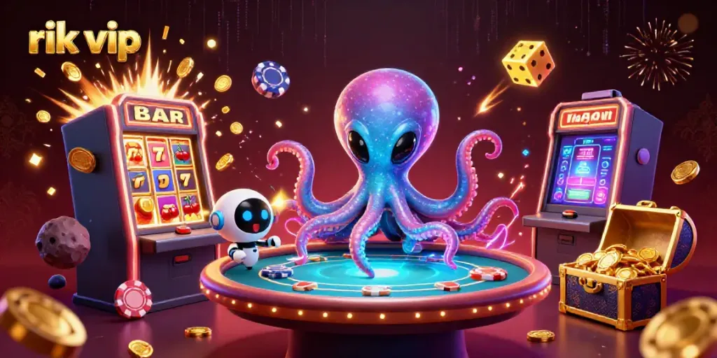 Engaging scene showcasing rik vip excitement with an alien octopus at a holographic poker table amidst a vibrant casino atmosphere.
