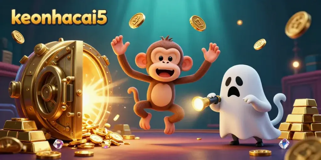Engage with keonhacai5 in a vibrant haunted casino scene, featuring a mischievous poltergeist monkey and a curious ghost-hunter puppy.