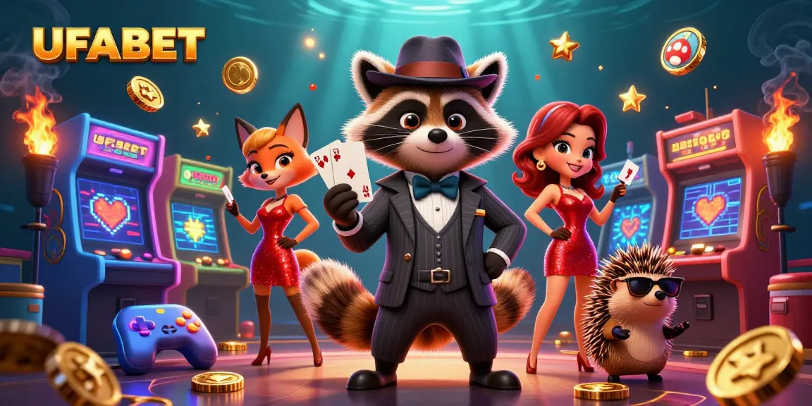 Play at UFABET with a suave raccoon and a glamorous fox surrounded by exciting casino game elements.