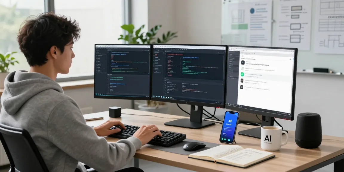 Professional workspace featuring a software engineer developing an AI assistant application with multiple screens and tech gadgets.