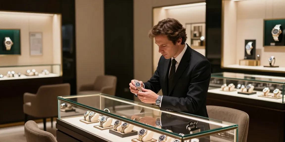 Discover exquisite rolex super clone watches showcased in an upscale boutique setting.