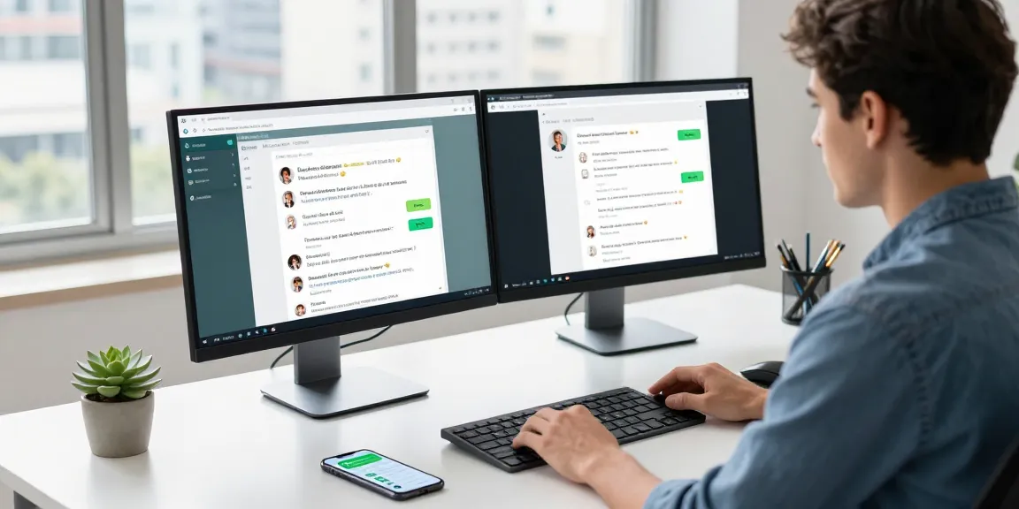 Dynamic workspace with WhatsApp電腦版 in use, showcasing desktop app on dual monitors and a engaged professional.