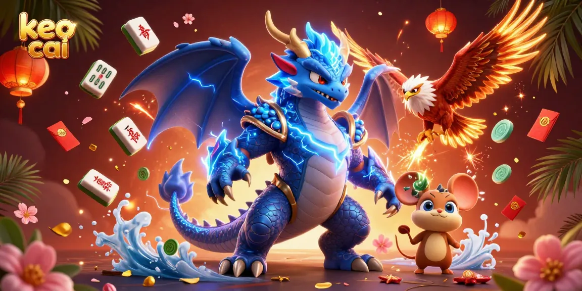 Engage with keo nha cai through vibrant 3D illustration showcasing casino symbols and fantasy characters.