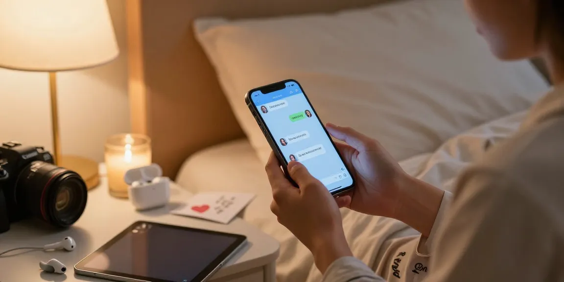 Engaging in AI sexting chat in a cozy bedroom setting.