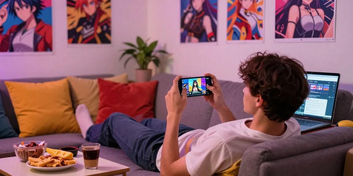 Engaging scene of a player enjoying free mobile hentai games on a smartphone in a cozy lounge.