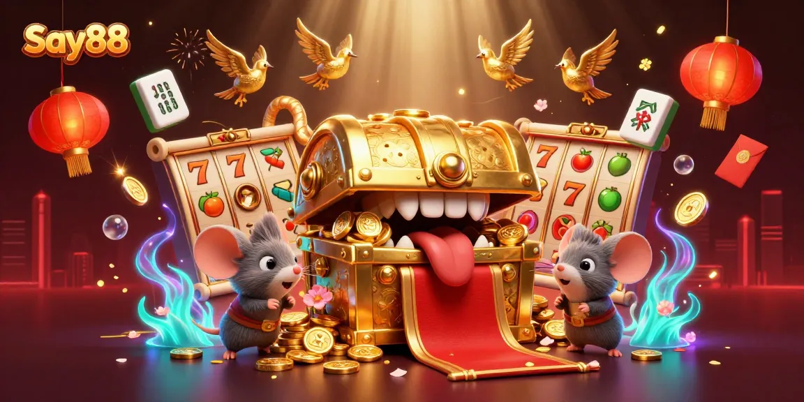 Experience thrilling wins with Say88 as a treasure chest lures adventurer mice in a vibrant casino world