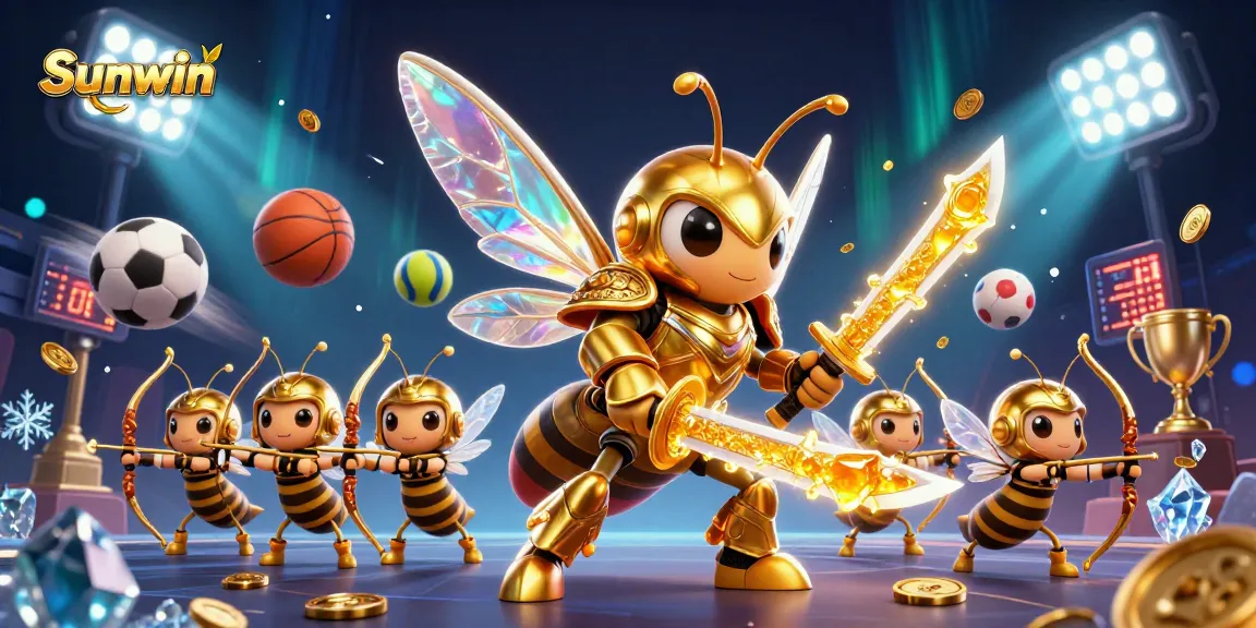 Engage with Sunwin's vibrant casino scene featuring a golden hornet and dynamic sports elements.