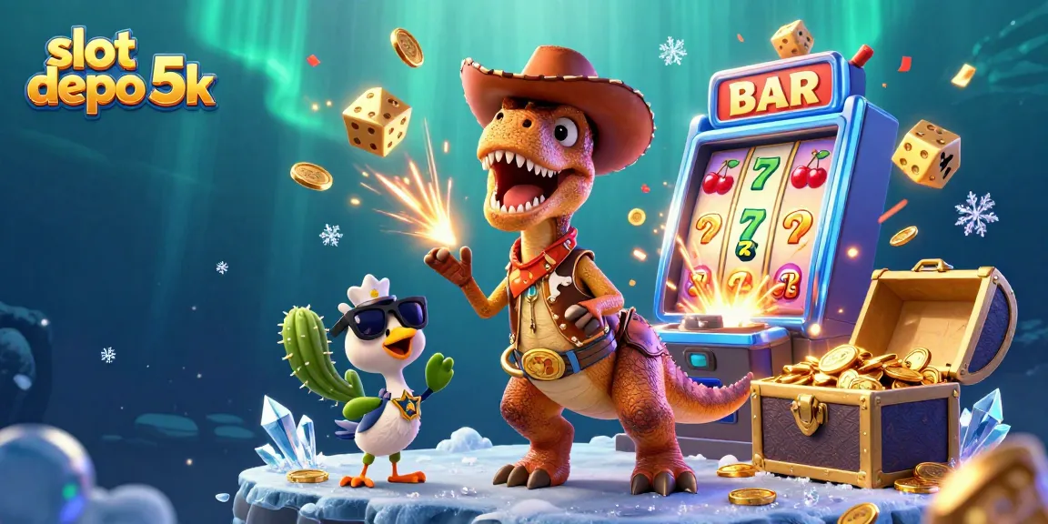 Experience thrilling gameplay with slot depo 5k as a T-Rex dinosaur and friends burst into action amidst a jackpot explosion.