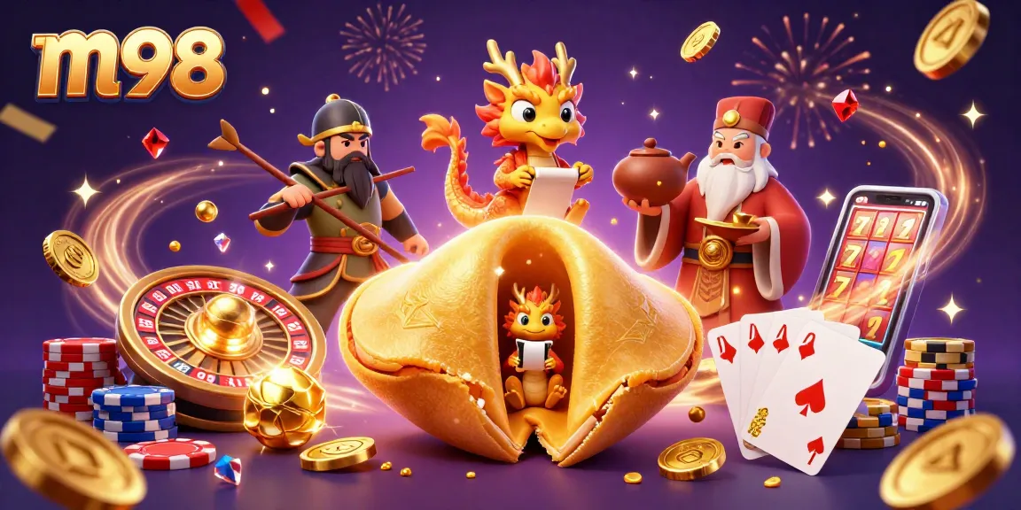Experience the excitement of m98 with a colorful casino-themed 3D illustration filled with dynamic gaming elements.
