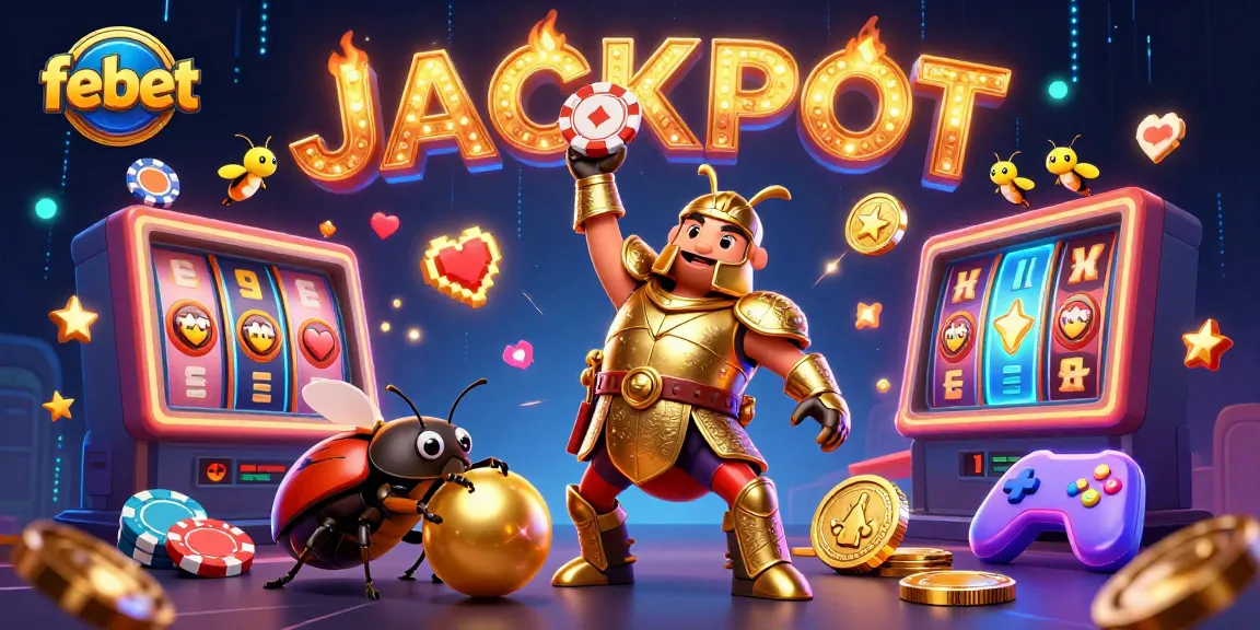 Play slots and win big at febet with a lively scene featuring beetles and vibrant game elements.