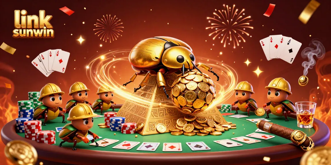Engage with link sunwin in this vibrant illustration showcasing a golden dung beetle amidst casino elements.