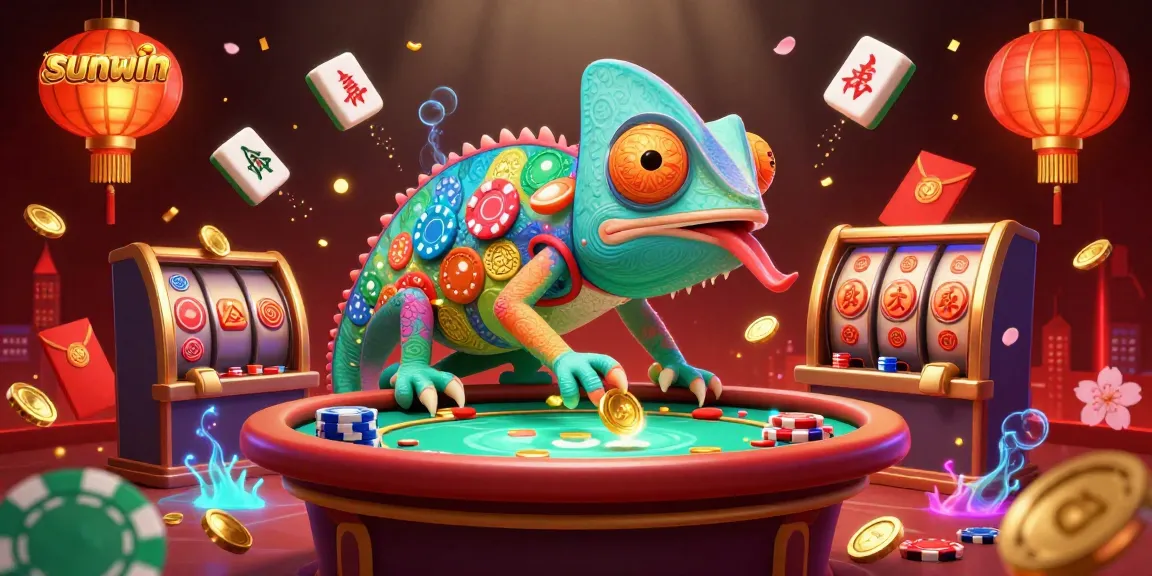 Experience the thrill of sunwin with a vibrant casino scene featuring a chameleon owner and dynamic game elements.