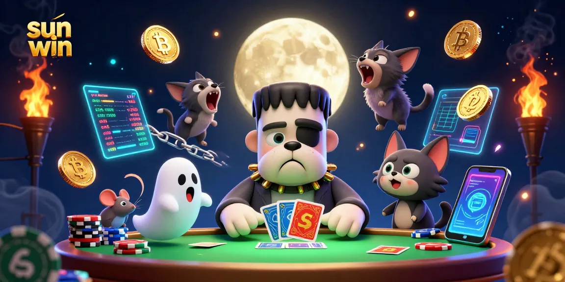 Experience thrilling gameplay at sun win with a 3D illustration showcasing a Frankenstein bulldog dealer.