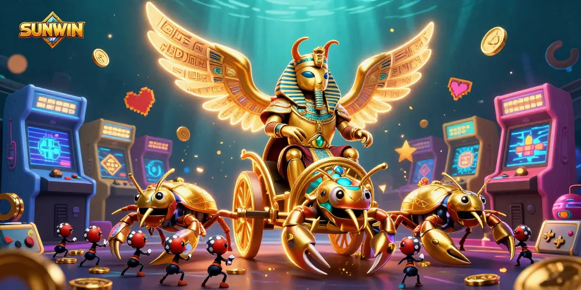 SUNWIN showcases an engaging casino experience with a golden beetle and scorpions amidst gaming excitement.