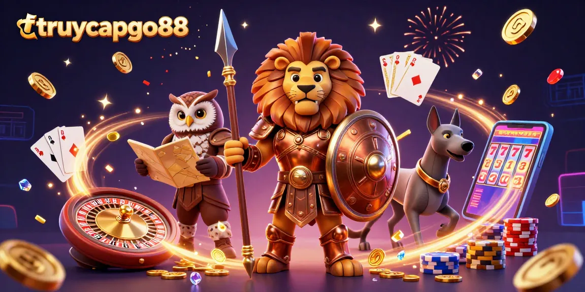 Experience the thrills of gambling with truycapgo88 in a vibrant 3D casino scene featuring a Spartan lion and strategic owl.