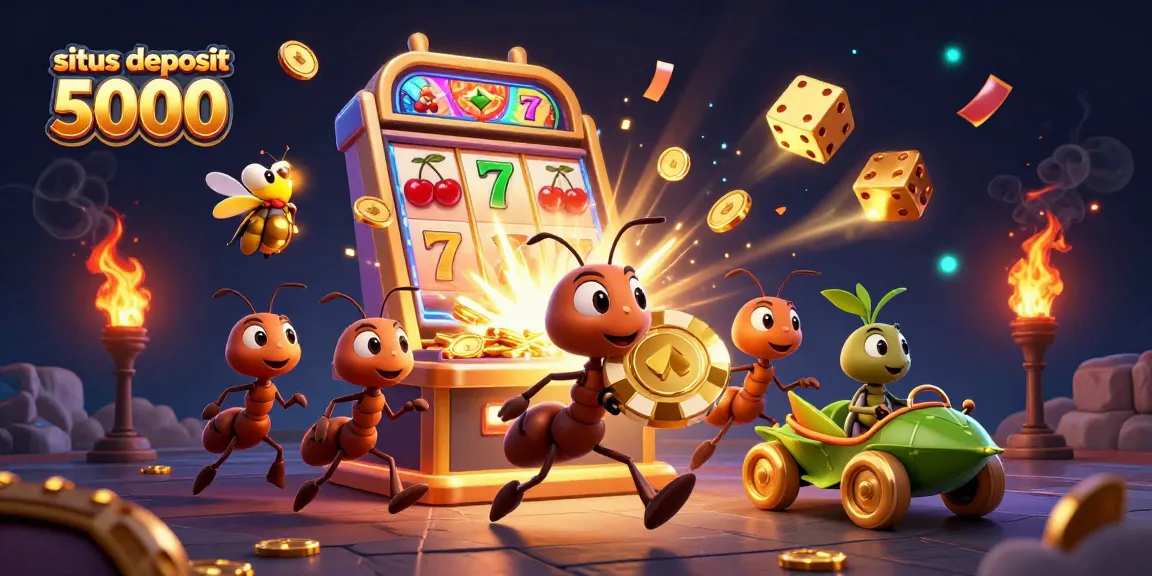 Action-packed scene of a heist with a team of ants, showcasing situs deposit 5000 elements, including jackpot explosion and cartoon characters.